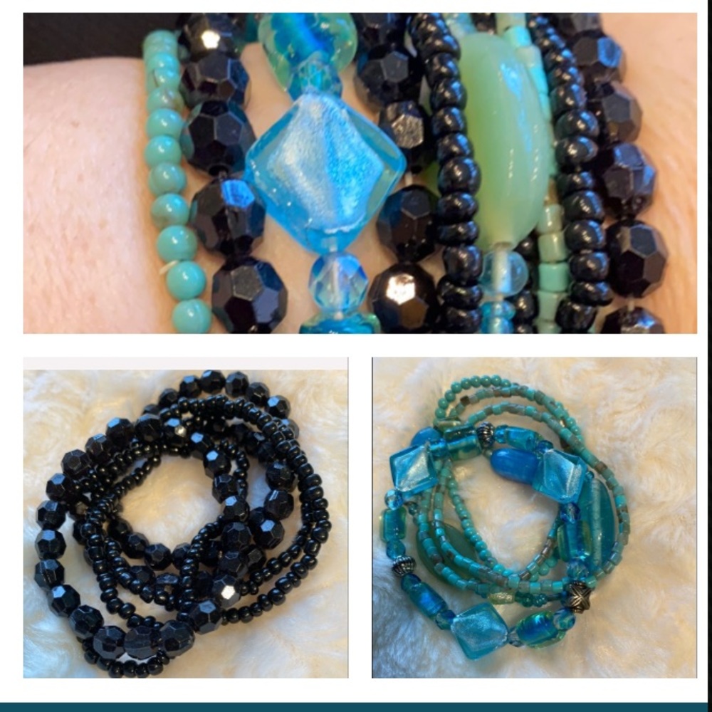 2 sets of 5 Beautiful Stretch bracelets !!! Black & Turquoise!!